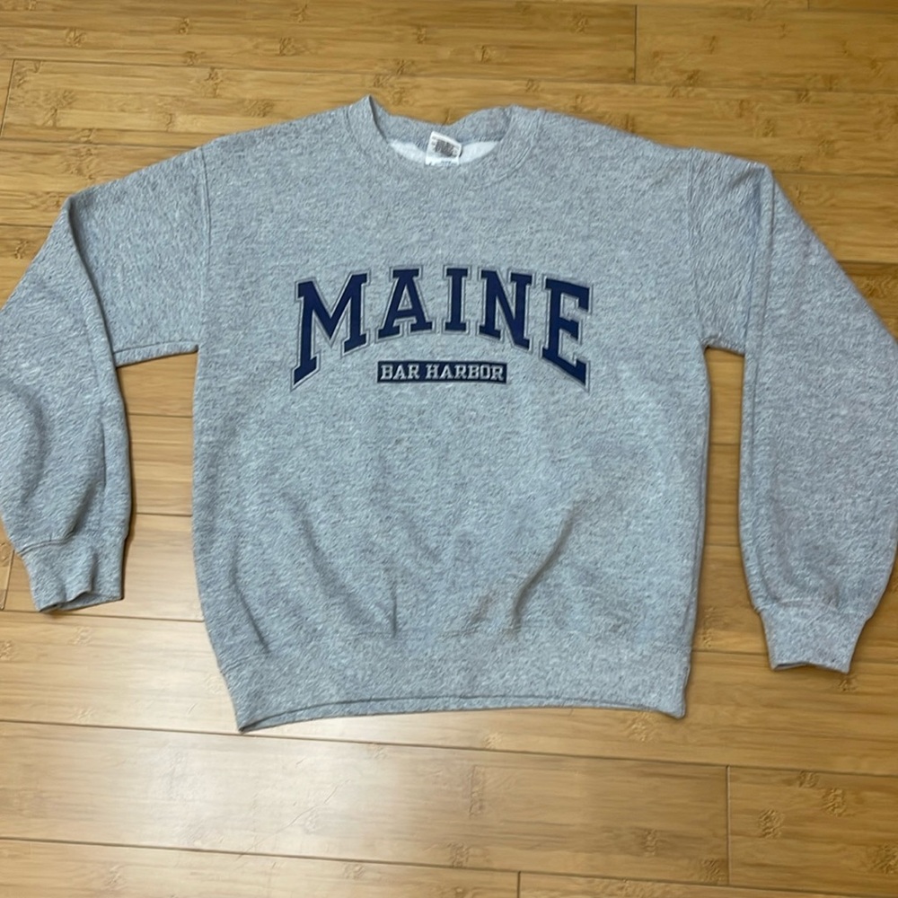 Maine Sweatshirt Bar Harbor Collegiate Crewneck Sweater Unisex SZ S Gray/Blue